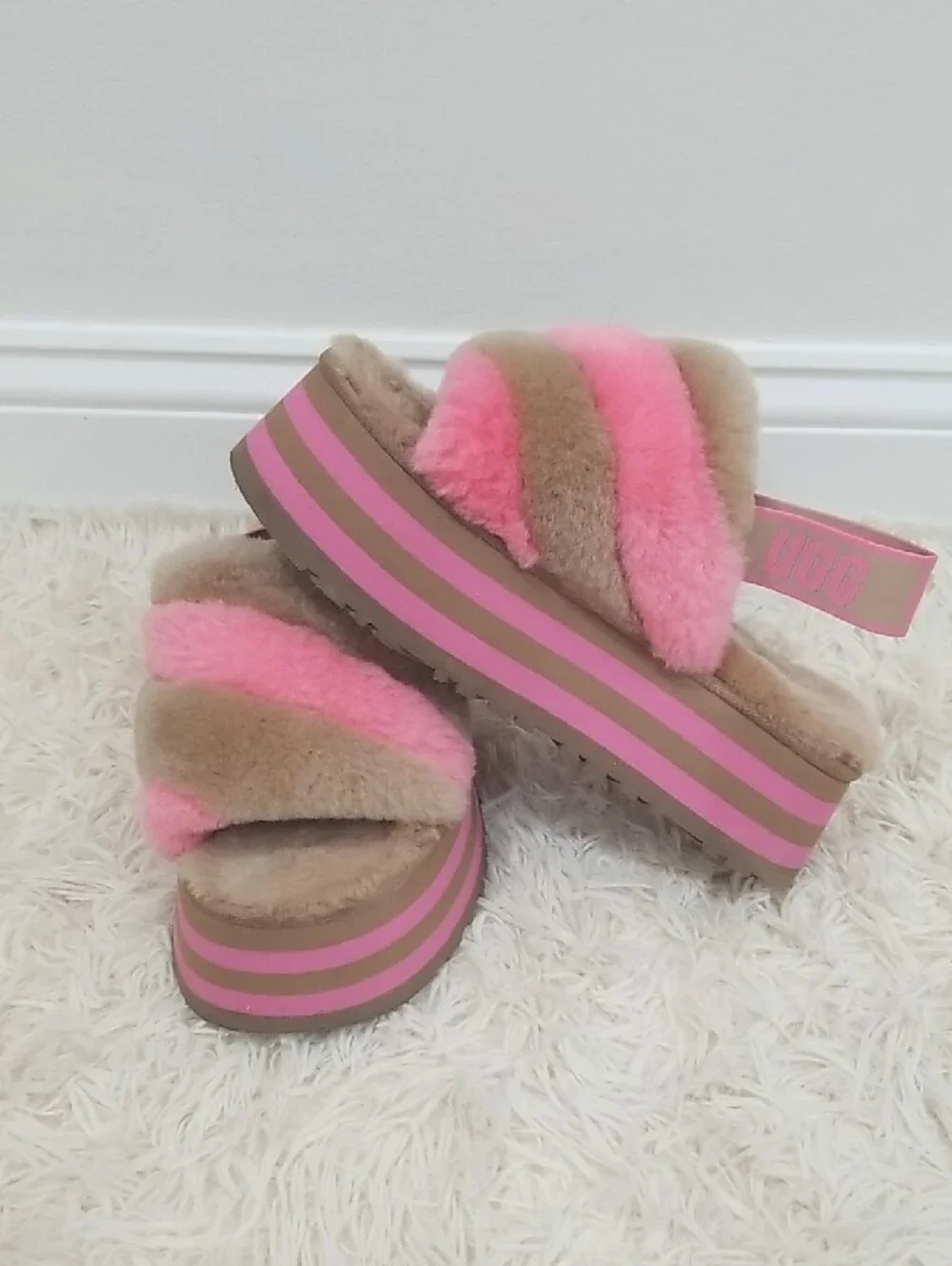 UGG Pink & Beige Fuzzy Platform Slide Sandals